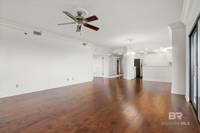 unfurnished living room featuring baseboards, visible vents, ornamental molding, dark wood-style flooring, and ceiling fan with notable chandelier