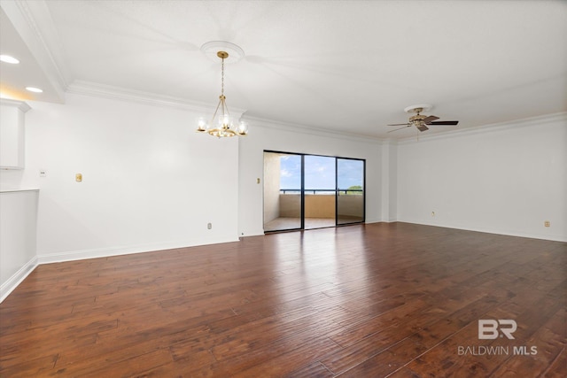 unfurnished room featuring ceiling fan with notable chandelier, dark wood-style flooring, baseboards, and crown molding