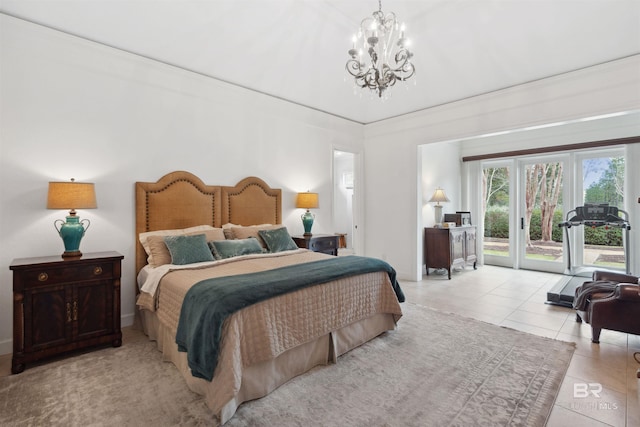 bedroom with light tile patterned flooring, a notable chandelier, and access to outside