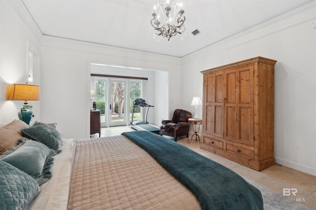 bedroom featuring ornamental molding, access to outside, and an inviting chandelier