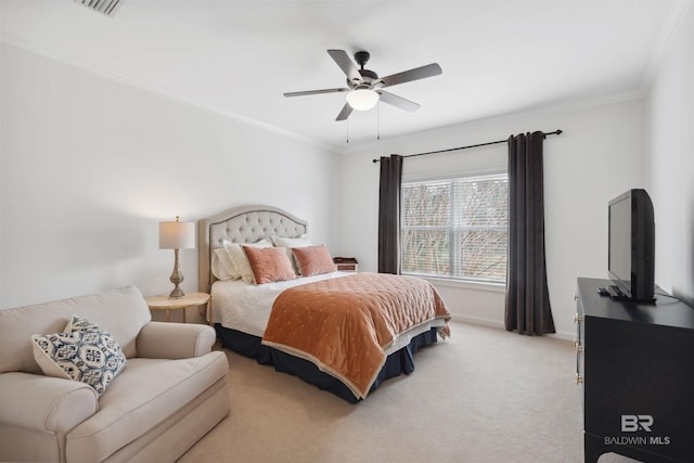 bedroom with crown molding, ceiling fan, and light carpet