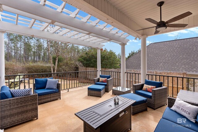 view of patio / terrace featuring a pergola, outdoor lounge area, and ceiling fan