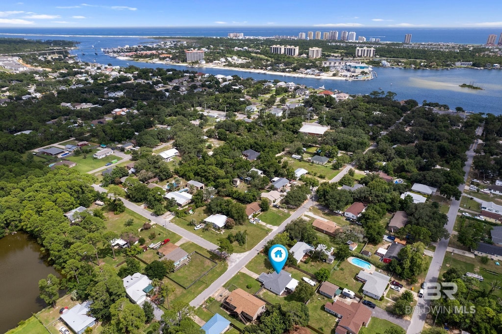 aerial view with a view of city and a water view