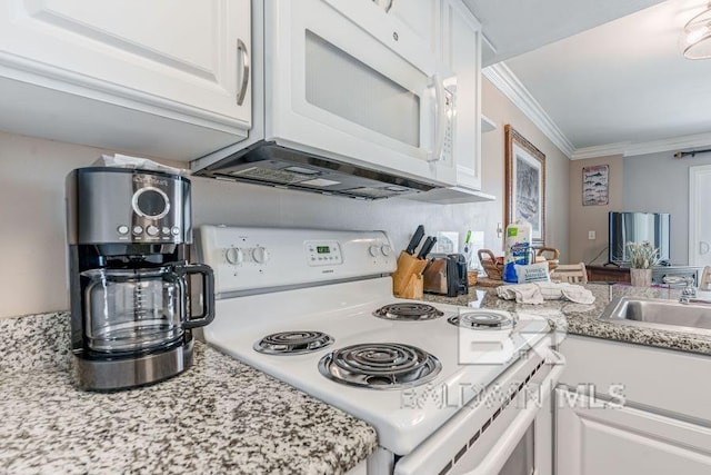 kitchen featuring light stone counters, white cabinetry, white appliances, and crown molding