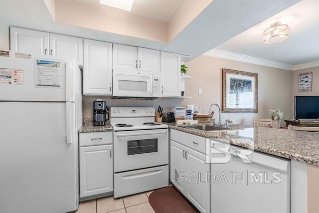 kitchen featuring crown molding, white appliances, light tile flooring, sink, and white cabinetry