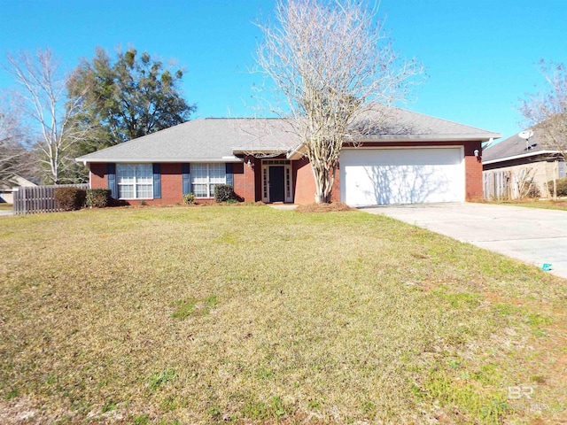 ranch-style house featuring a garage, driveway, fence, and a front lawn