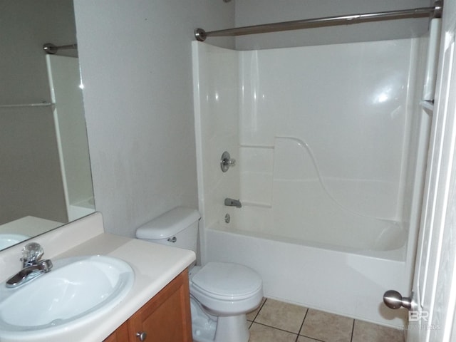 full bathroom with toilet,  shower combination, tile patterned flooring, and vanity