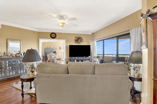 living room with a ceiling fan, ornamental molding, and wood finished floors