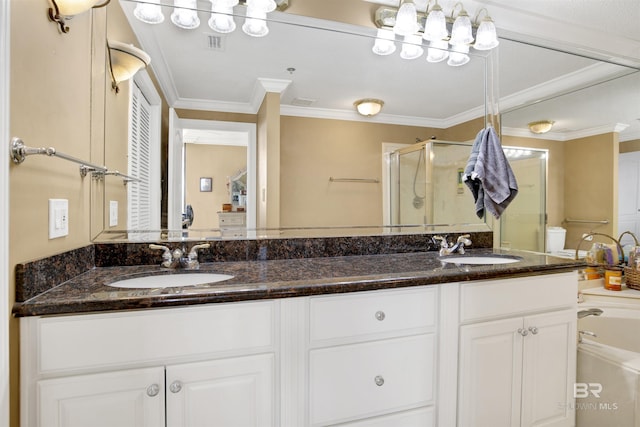 full bathroom featuring visible vents, a sink, a stall shower, and double vanity