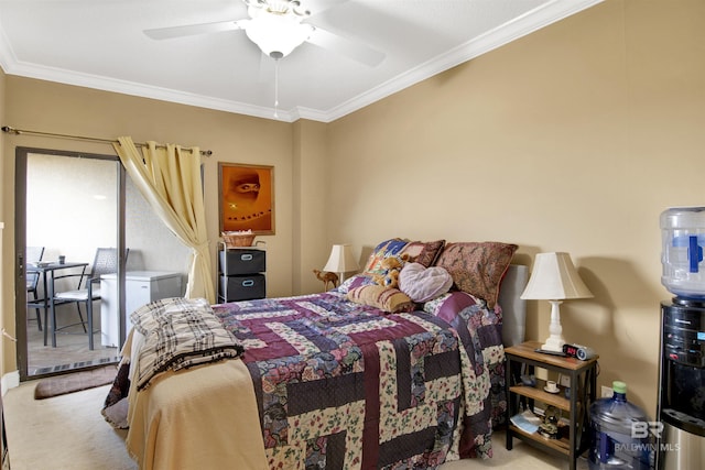 carpeted bedroom with crown molding and ceiling fan