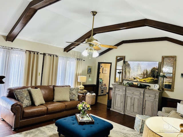 living room with vaulted ceiling with beams, dark wood finished floors, and a ceiling fan