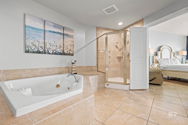 bathroom featuring tile patterned floors and plus walk in shower