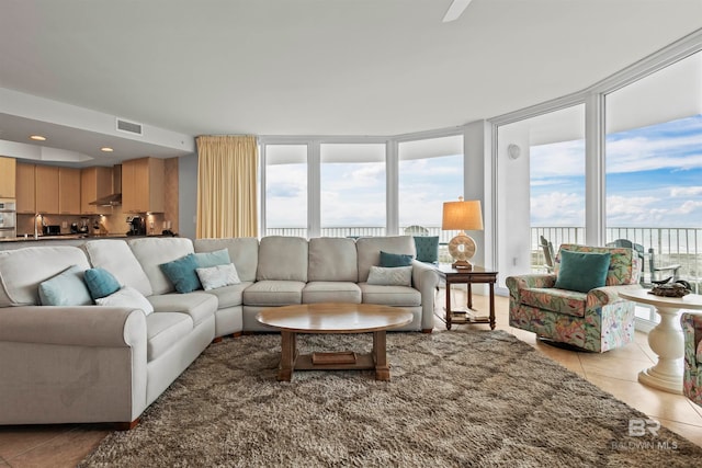 tiled living room featuring a wealth of natural light