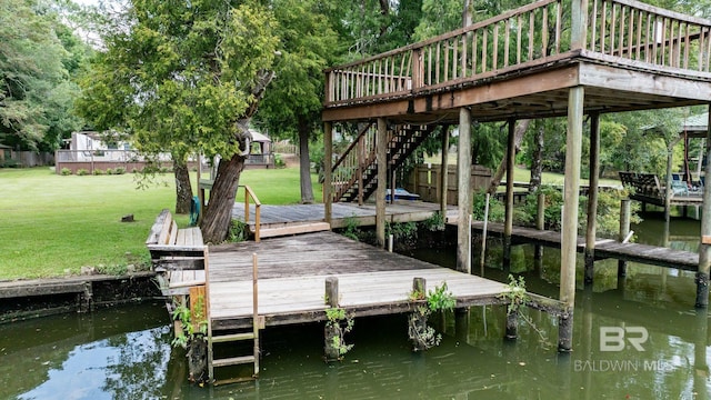 dock area with a lawn, stairs, and a water view