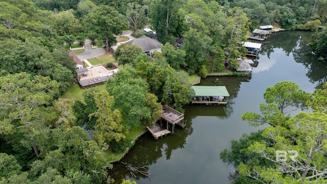 aerial view featuring a forest view and a water view