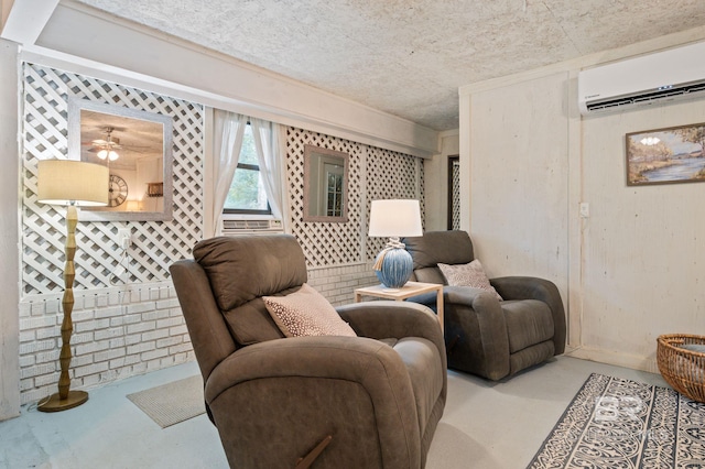 living room featuring an AC wall unit, concrete floors, and ceiling fan