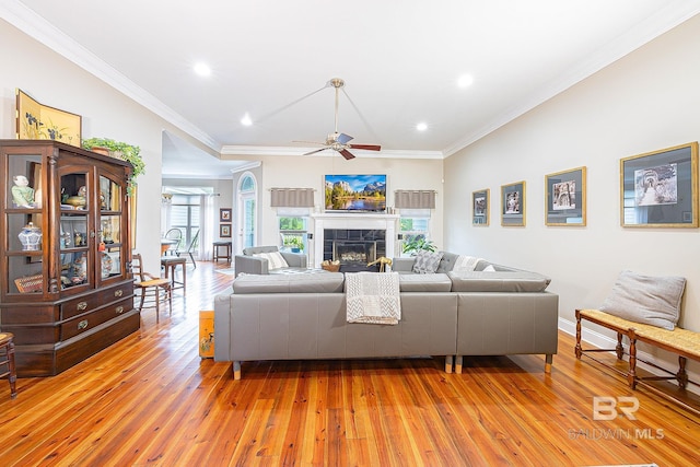 living room with ceiling fan, a tile fireplace, light hardwood / wood-style floors, and crown molding