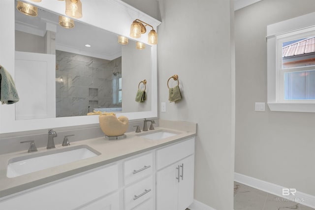 2831 Salt Dr, Orange Beach, AL 36561 - full bath with marble look tiles, a stall shower, double vanity, and baseboards
