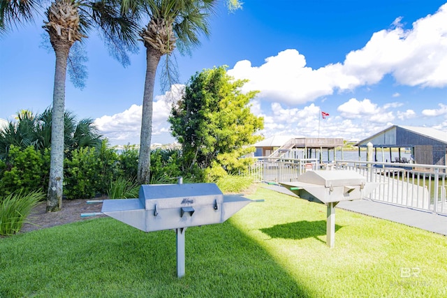 view of community featuring a water view and a yard