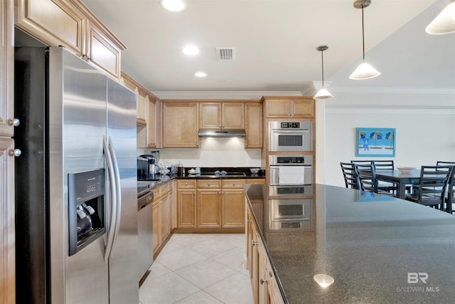 kitchen featuring stainless steel appliances, light brown cabinetry, hanging light fixtures, light tile patterned floors, and crown molding