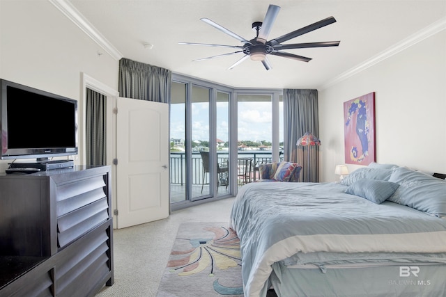 bedroom featuring ceiling fan, floor to ceiling windows, access to outside, ornamental molding, and light carpet