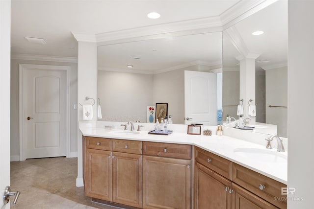 bathroom with vanity, tile patterned flooring, and ornamental molding