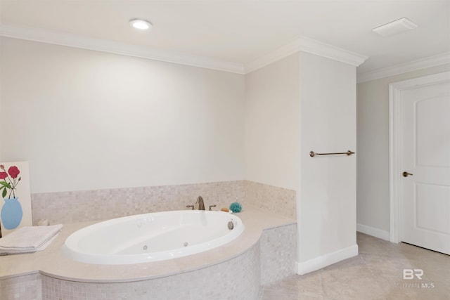 bathroom with tiled bath, tile patterned floors, and ornamental molding