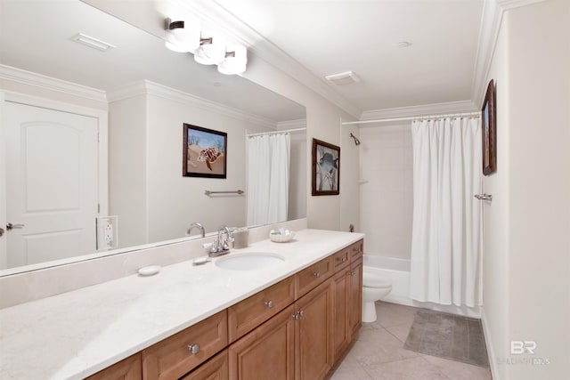 full bathroom featuring ornamental molding, tile patterned floors, vanity, and shower / tub combo with curtain