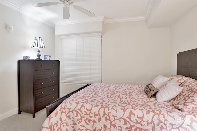 bedroom featuring light carpet, ceiling fan, and ornamental molding