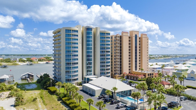 view of building exterior with a water view