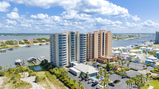 drone / aerial view featuring a water view