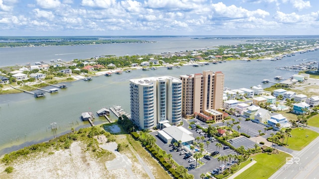 drone / aerial view with a water view