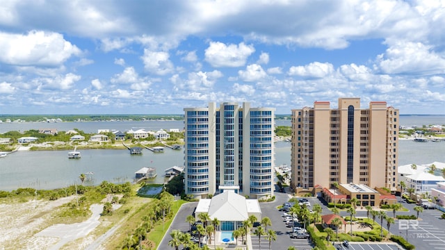 bird's eye view with a water view