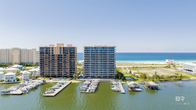 drone / aerial view featuring a water view