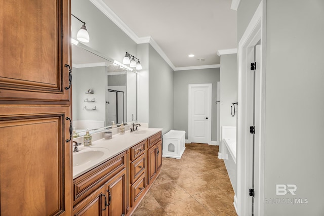 bathroom with tile patterned flooring, plus walk in shower, ornamental molding, and vanity