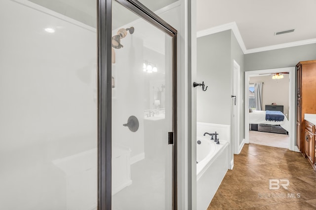 bathroom with vanity, crown molding, tile patterned floors, independent shower and bath, and ceiling fan