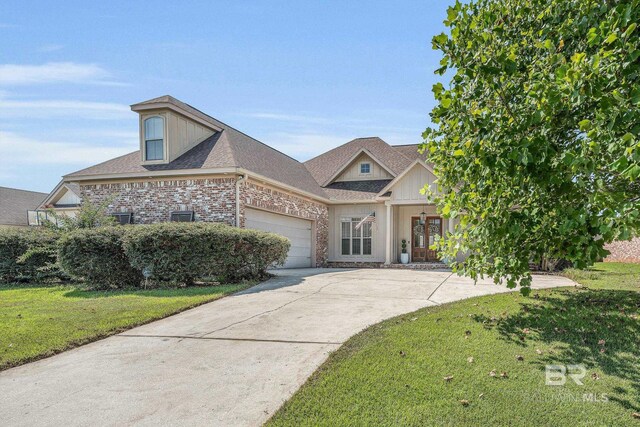 view of front of house with brick siding, roof with shingles, concrete driveway, a garage, and a front lawn