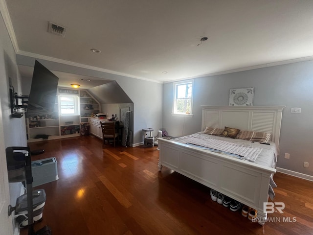 bedroom with dark wood-type flooring and crown molding