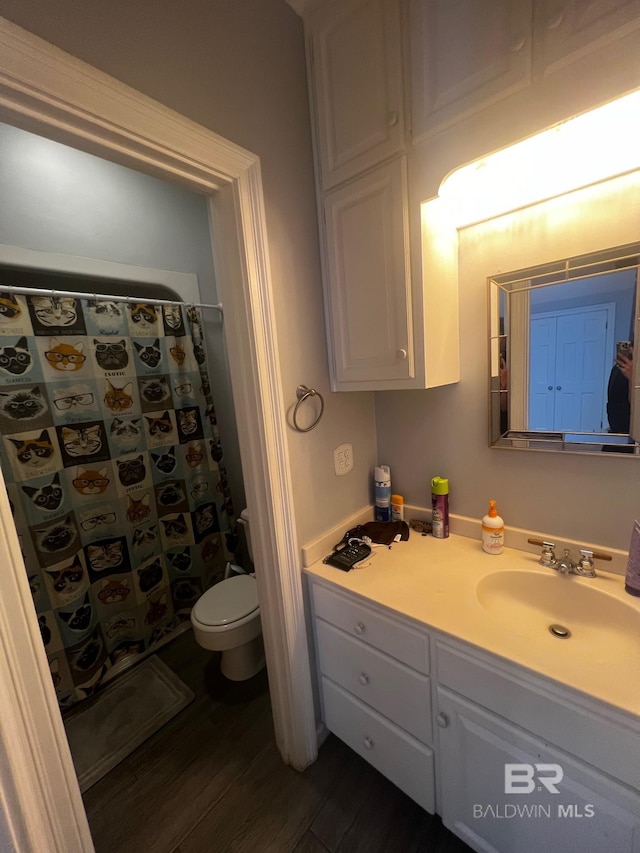 bathroom with wood-type flooring, large vanity, and toilet