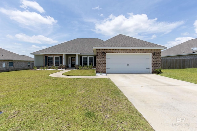 2345 Laurel St, Semmes, AL 36575 - ranch-style home with brick siding, a garage, concrete driveway, and roof with shingles