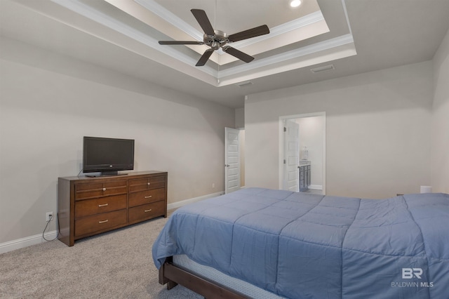 2345 Laurel St, Semmes, AL 36575 - bedroom with a tray ceiling, light colored carpet, crown molding, recessed lighting, and a ceiling fan