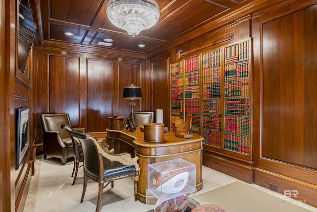 office featuring wood ceiling, coffered ceiling, wood walls, and a chandelier