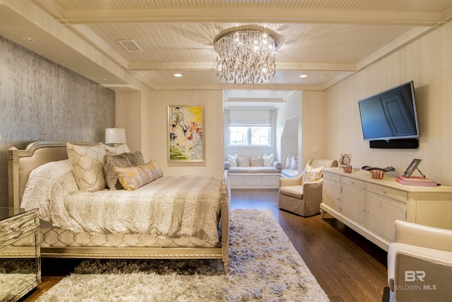 bedroom with beamed ceiling, ornamental molding, a notable chandelier, and dark wood-type flooring