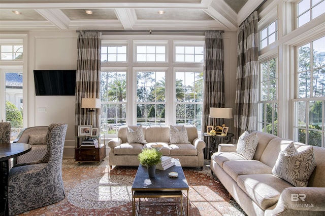 sunroom / solarium featuring beam ceiling and coffered ceiling