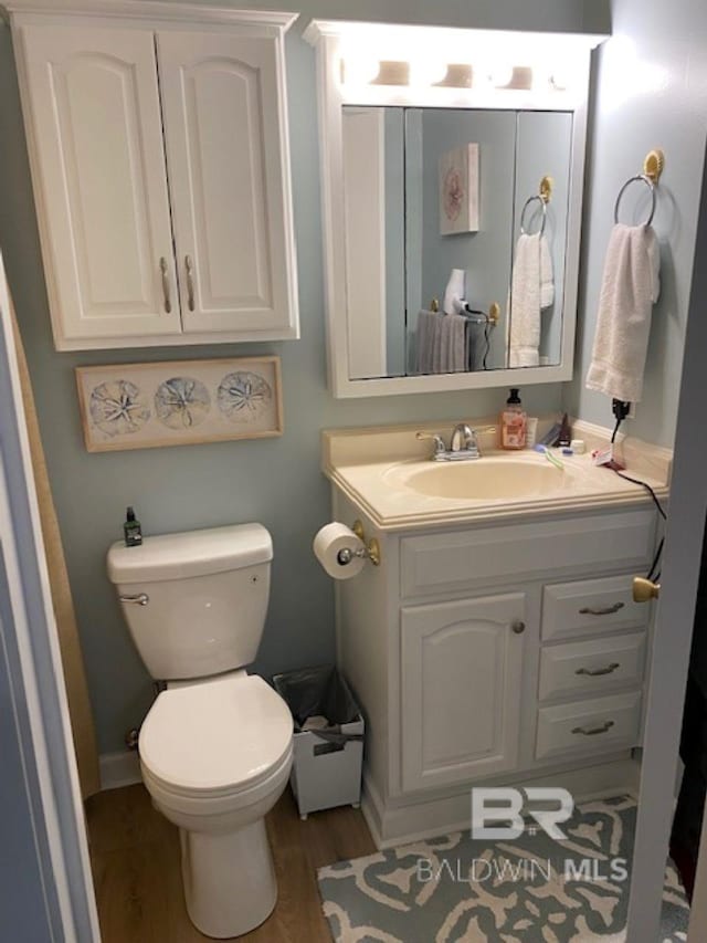 bathroom with vanity, wood-type flooring, and toilet