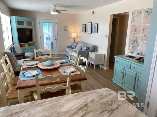 dining area featuring ceiling fan, a wealth of natural light, dark wood-type flooring, and a textured ceiling