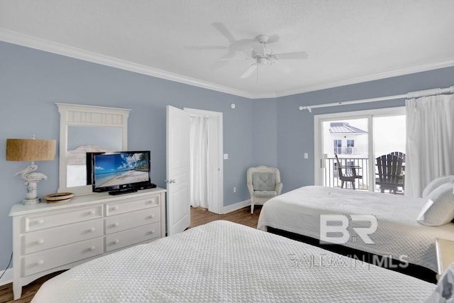 22984 Perdido Beach Blvd Unit 52D, Orange Beach, AL 36561 - bedroom featuring baseboards, access to outside, ornamental molding, and dark wood-style flooring