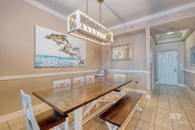 tiled dining space with crown molding