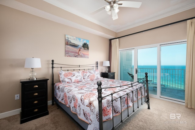 bedroom with access to exterior, carpet flooring, ceiling fan, crown molding, and a water view