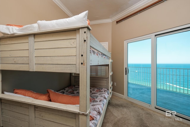 bedroom featuring access to outside, crown molding, a water view, and light colored carpet